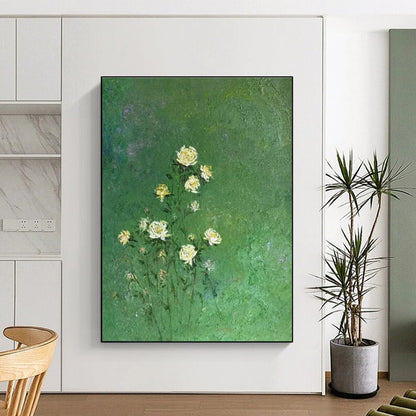 Yellow Flowers on Green Oil Painting for Dining Room & Garden Café DLZ0587