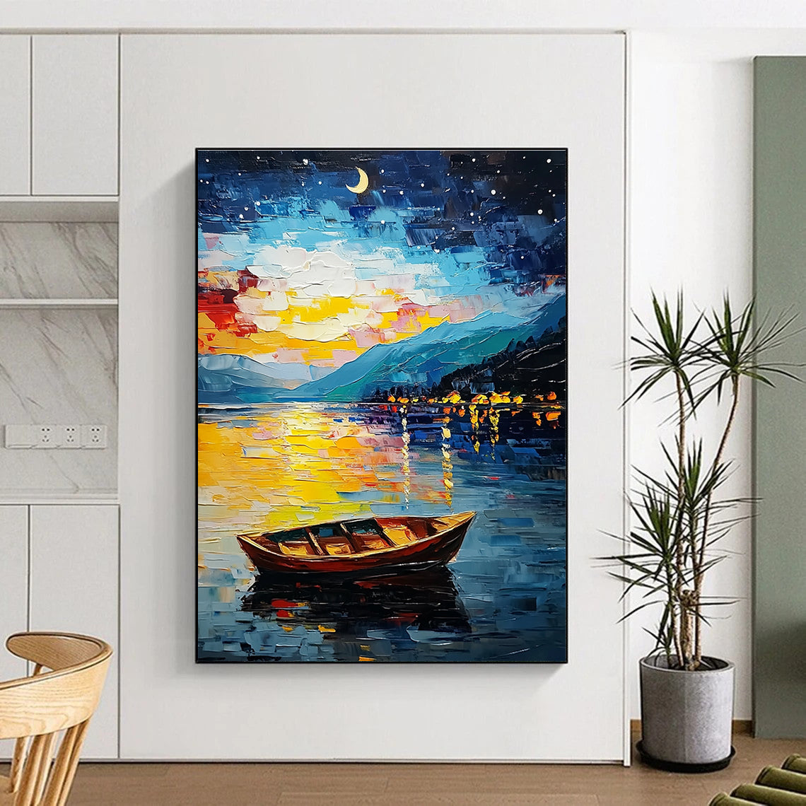 Colorful Night Lake with Boat for Lakeside Lodge & Romantic Dining Room STSC1132