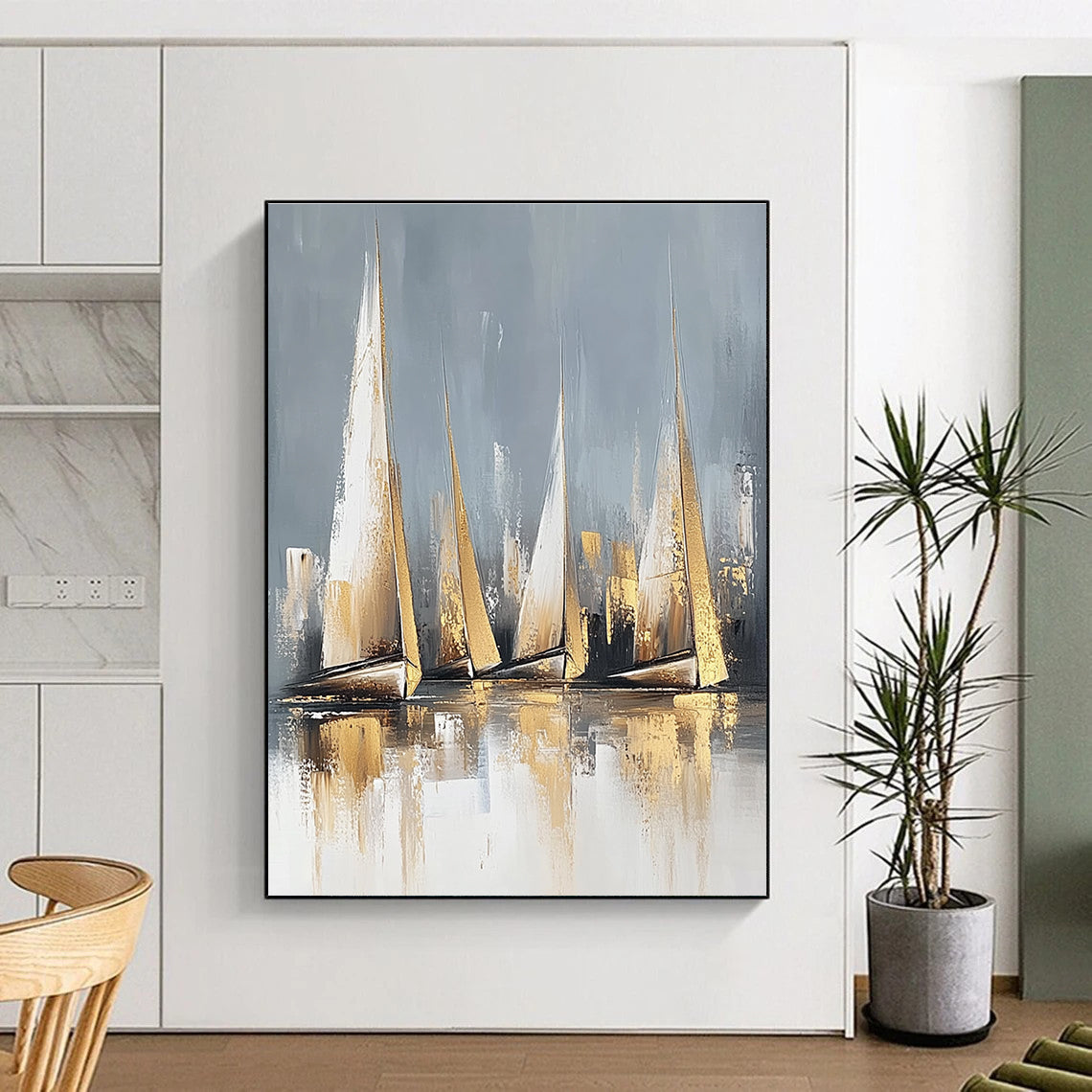 Golden Sailboats on Gray for Luxury Yacht Club & Modern Living Room STSC460