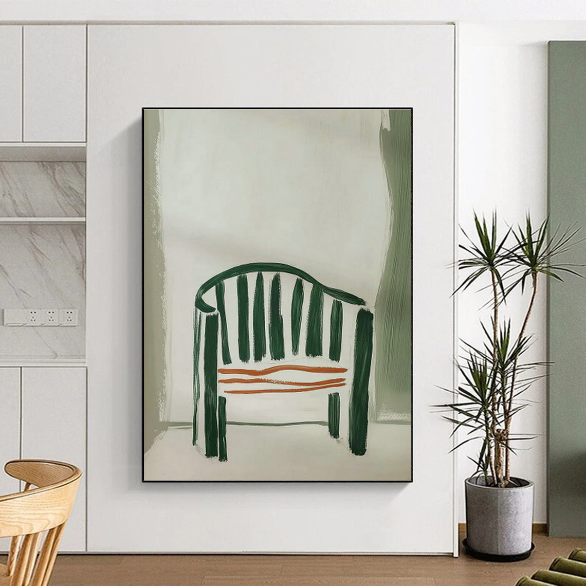 Green - Striped Chair Abstract Art for Mid - Century Modern Home & Café Corner DLZ0683