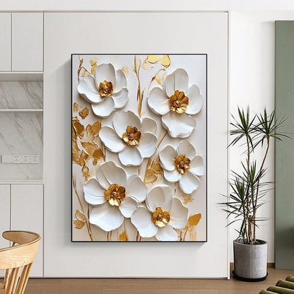 3D White Flowers with Gold Centers Textured Floral Art for Bohemian - Style Living Room & High - End Home Spa STSC1481