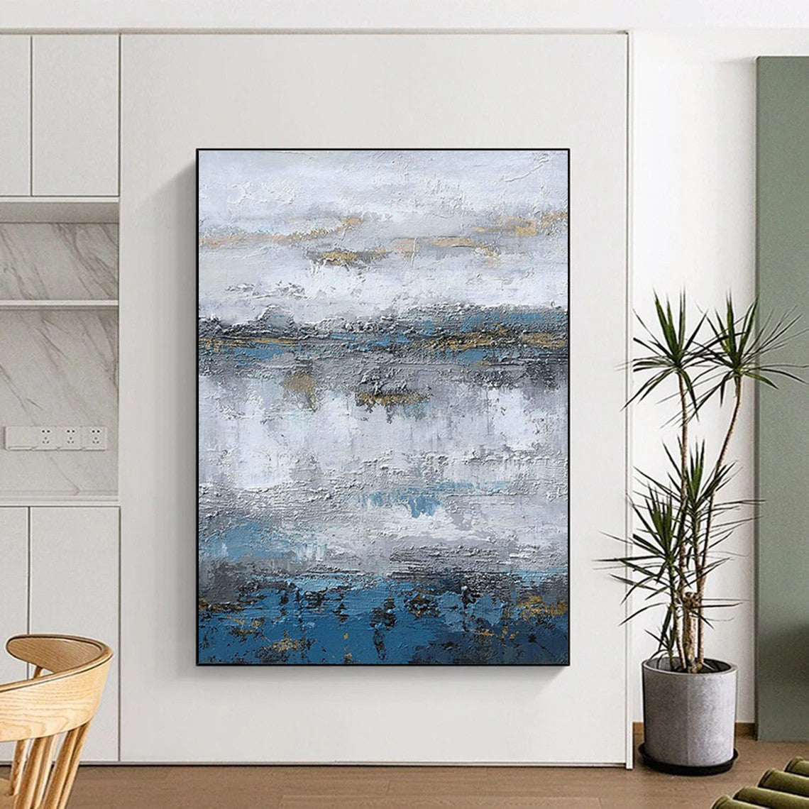 Gray - Blue - Gold Layered Abstract Art for Living Room & Boutique Hotel Lobby DLZ1233