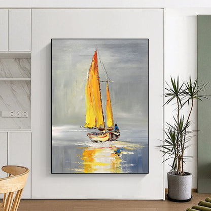 Yellow - Sailed Boat Oil Painting for Lakeside Café & Bright Coastal Kitchen DLZ0855