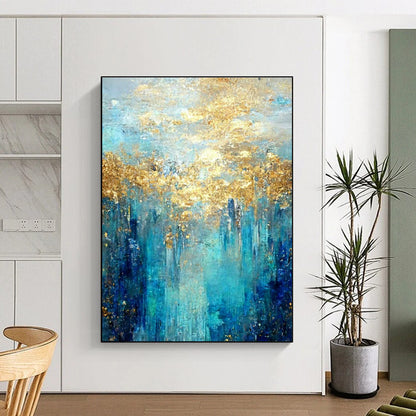 Gold - Blue Forest - Inspired Abstract Art for Luxury Lakeside Villa & Upscale Art Lounge DLZ1912