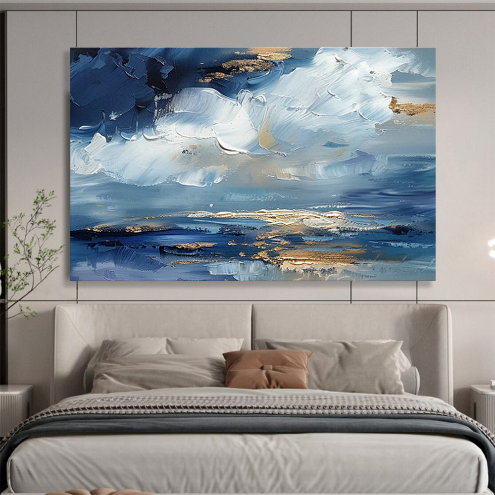 Impasto Blue - Gold Cloud Art for Serene Home Office Focus DLZ3068