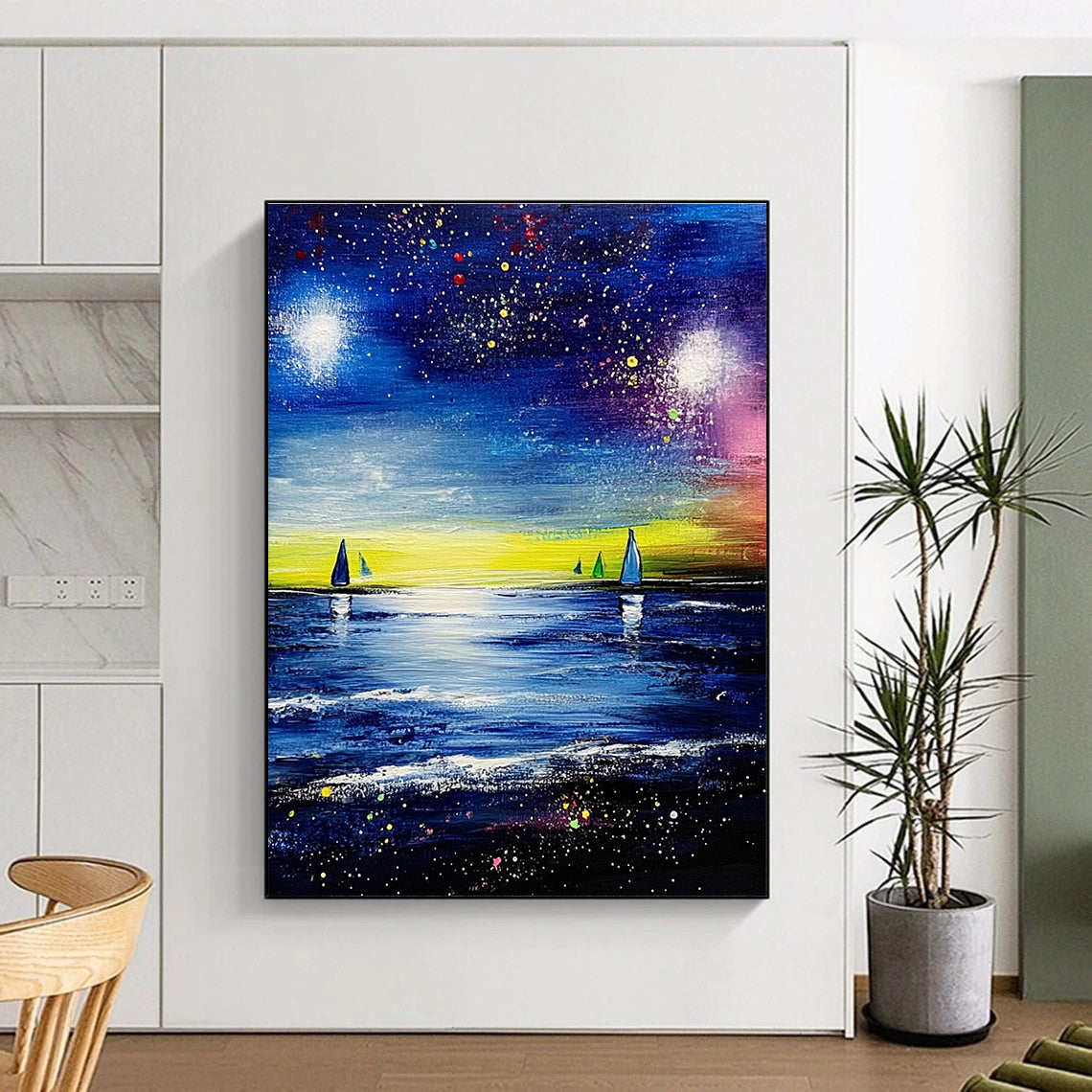 Starry Night Sea with Sailboats for Nautical - Themed Living Room & Cozy Beach Cottage STSC526