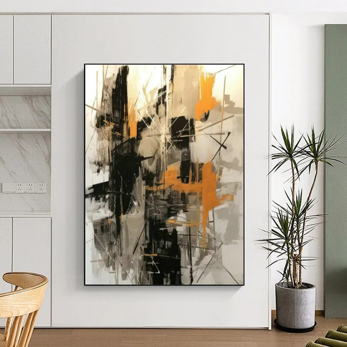 Black - White - Orange Abstract Art for Industrial - Chic Café & Edgy Home Studio DLZ1703