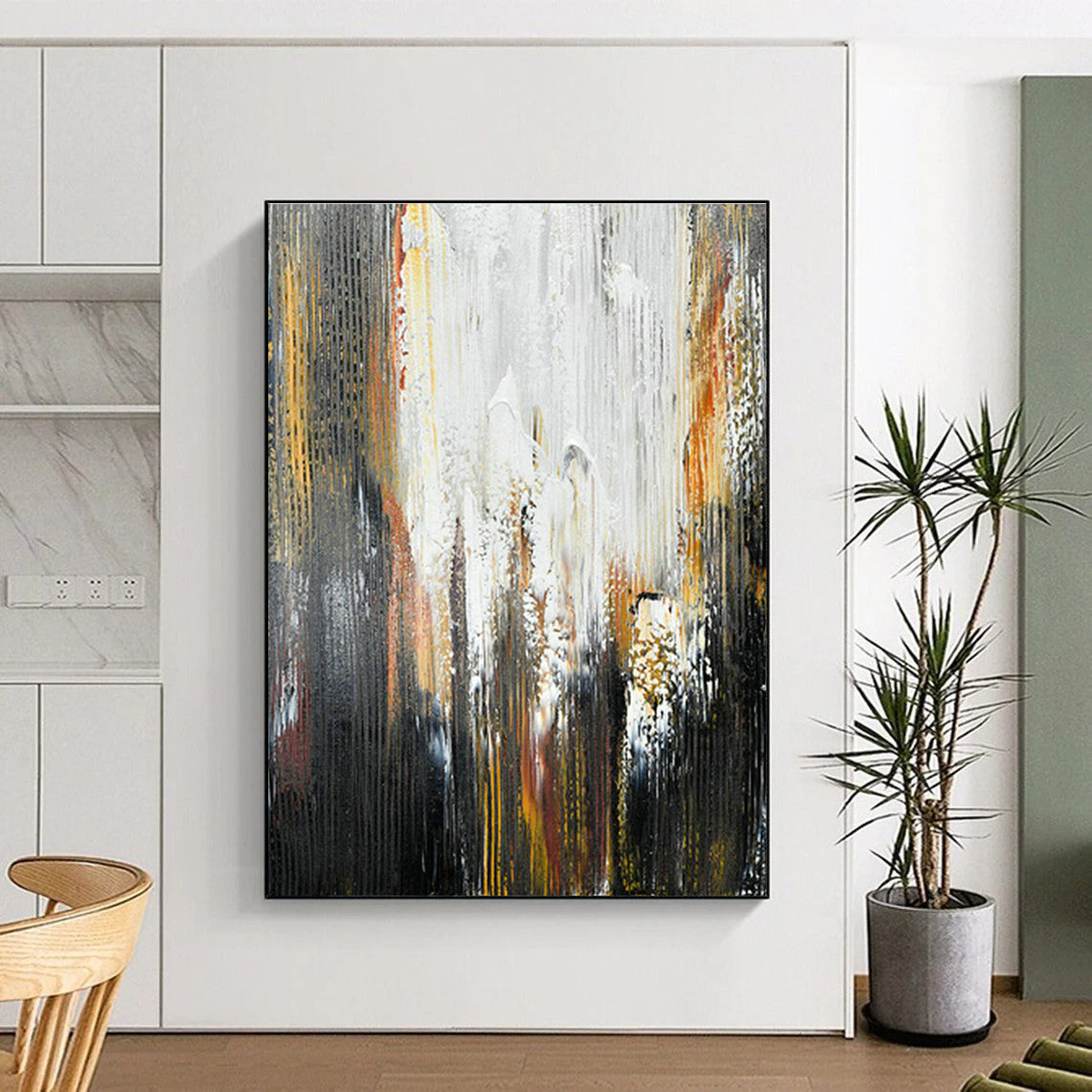 Black - White - Gold Waterfall - Inspired Abstract Art for Bedroom & Spa Resort DLZ1236