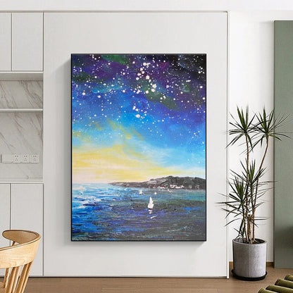 Starry Night Sea Oil Painting for Living Room & Cottage DLZ0347