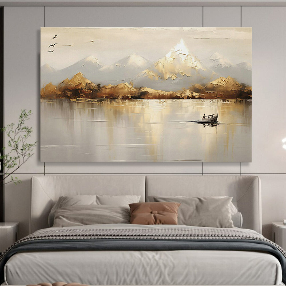 Mountain - Lake Boat Oil Painting for Rustic Cabin Living Areas DLZ2542
