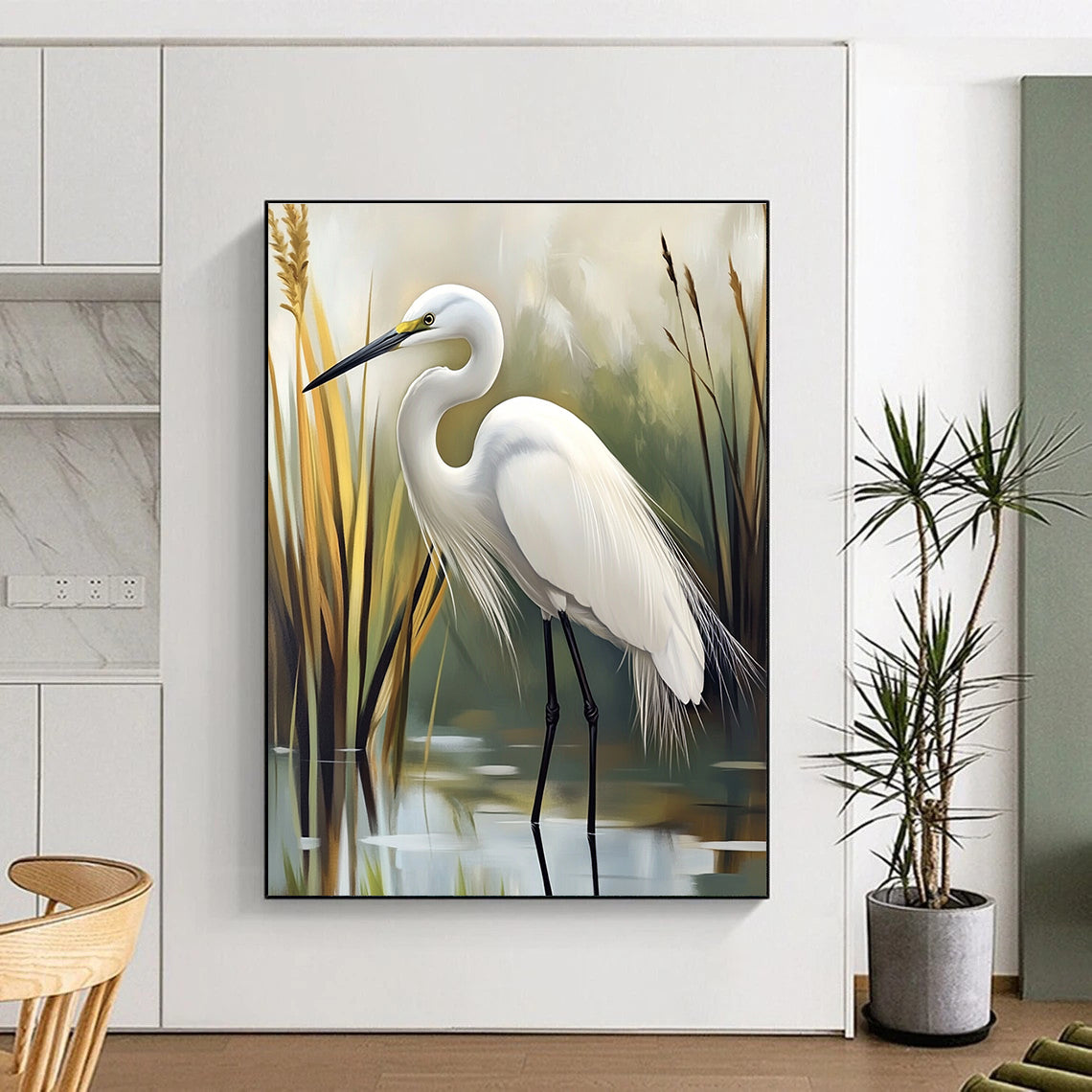 White Egret in Reed Bed for Coastal Home Living Room & Bird - Watching Club STSC1293
