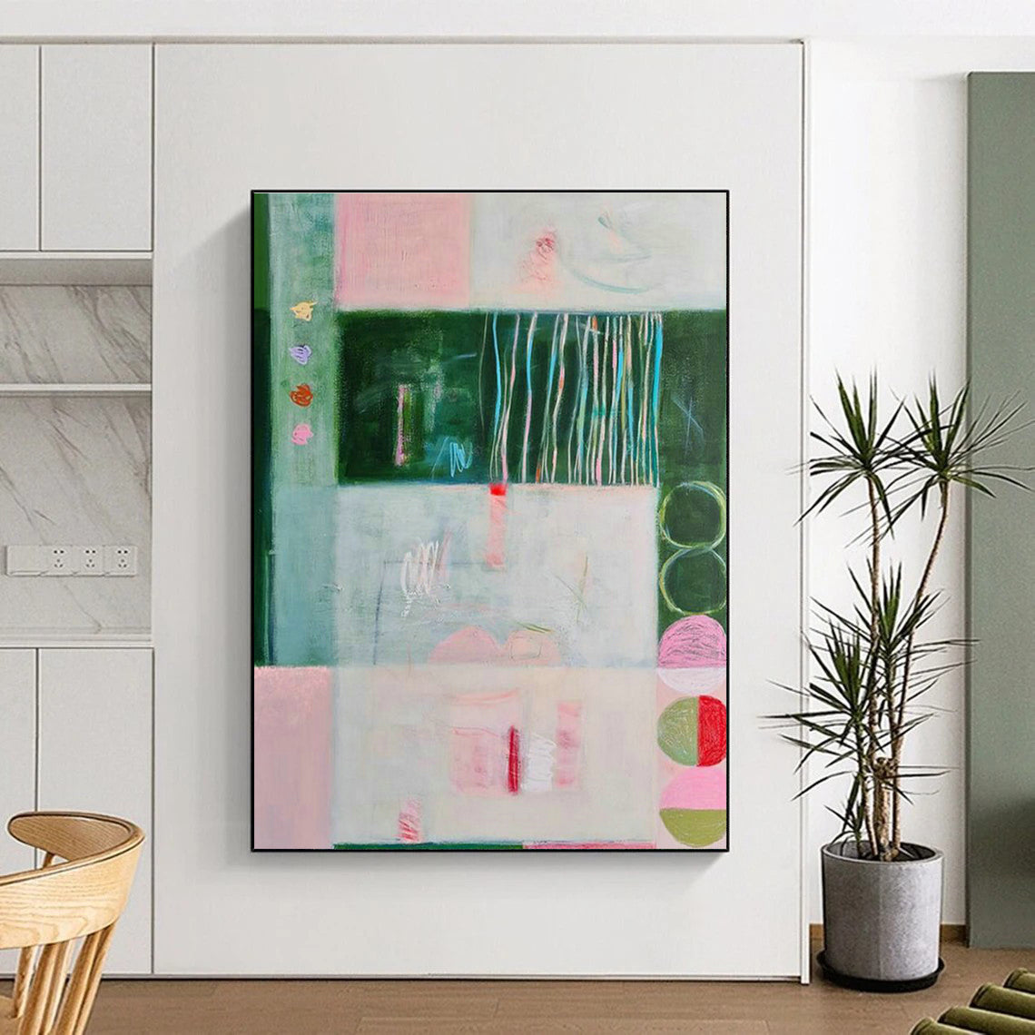 Pink - Green Geometric Art for Eco - Friendly Café Walls DLZ0145