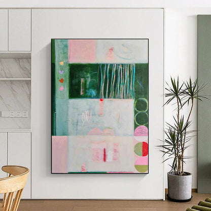 Pink - Green Geometric Art for Eco - Friendly Café Walls DLZ0145