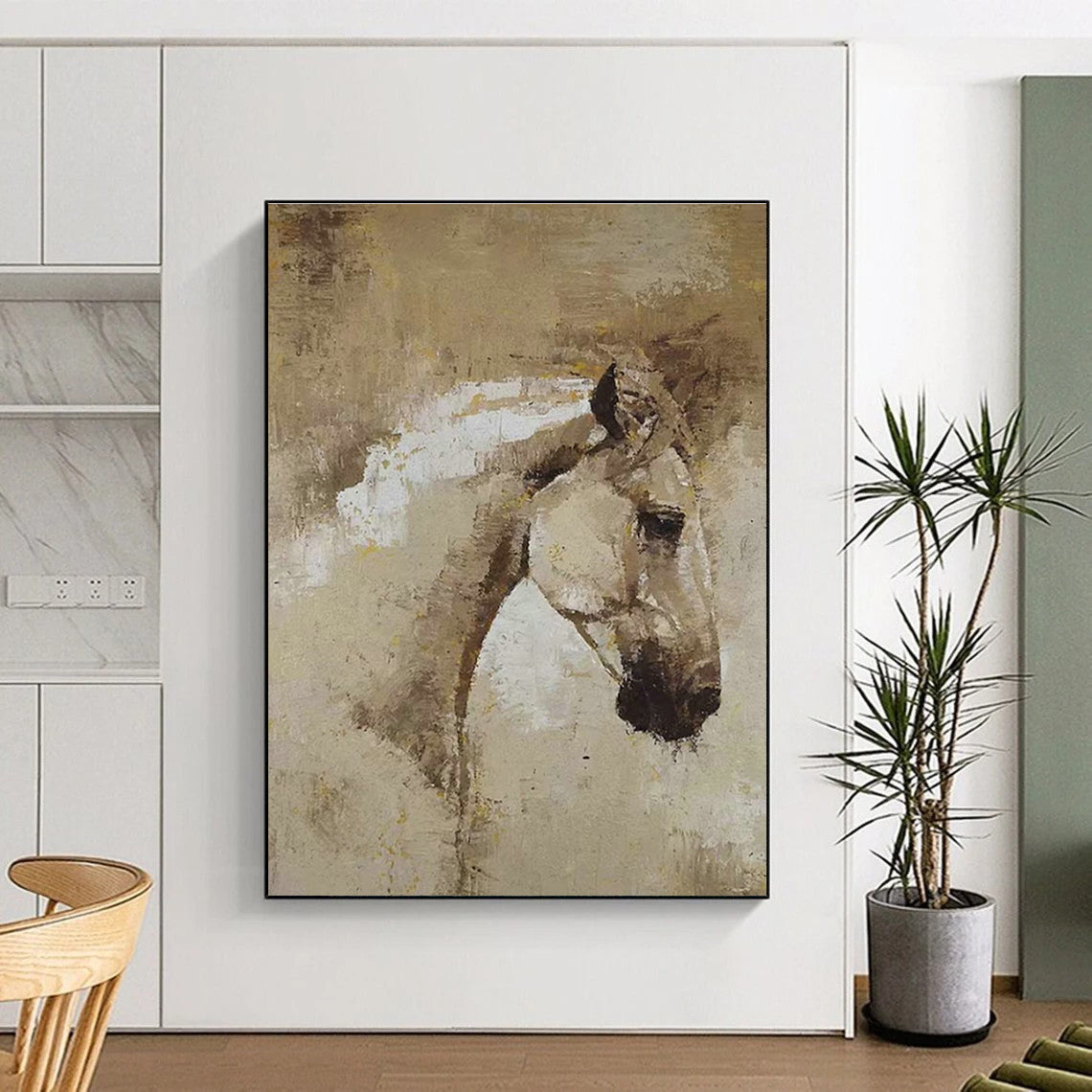 Brown and White Horse Head Oil Painting for Equestrian Club & Rustic Living Room DLZ1971