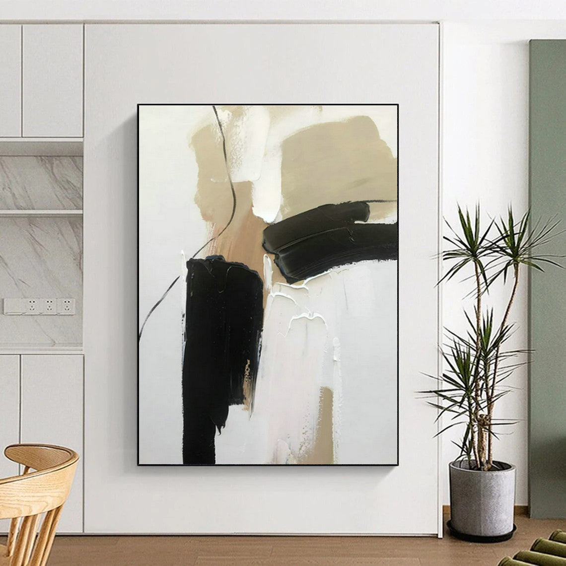 Black - Beige - White Abstract Art for Boutique Hotel Suite & Modern Home Library DLZ1685
