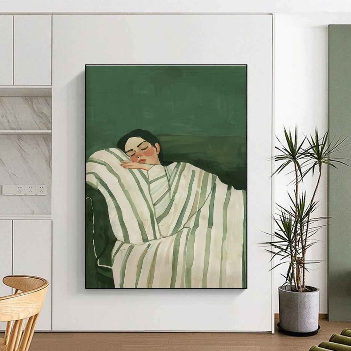Sleeping Woman on Green Background Art for Feminine Bedroom & Self - Care Space DLZ0686