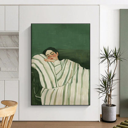 Sleeping Woman on Green Background Art for Feminine Bedroom & Self - Care Space DLZ0686