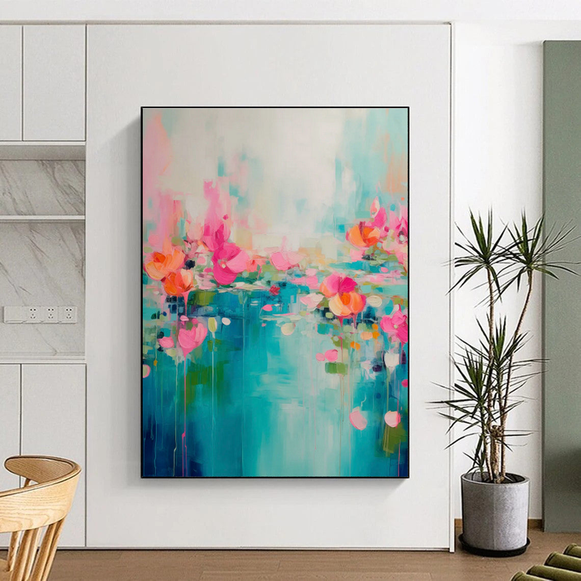 Blue - Pink Floral River Art for Bohemian Living Room & Coastal Café DLZ1000