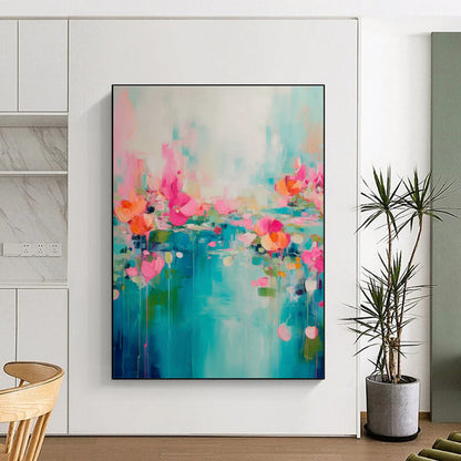 Blue - Pink Floral River Art for Bohemian Living Room & Coastal Café DLZ1000
