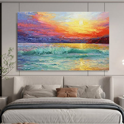 Vivid Sea Sunset Oil Painting for Coastal Villa Living Room Walls DLZ3243