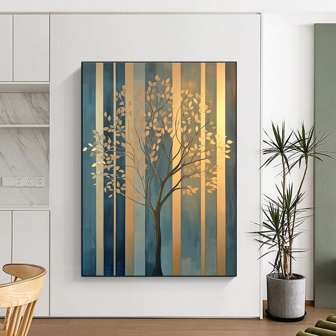 Golden Tree on Striped Background Art for Luxury Home Office & Elegant Dining Room STSC1117
