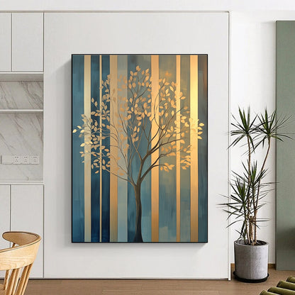 Golden Tree on Striped Background Art for Luxury Home Office & Elegant Dining Room STSC1117