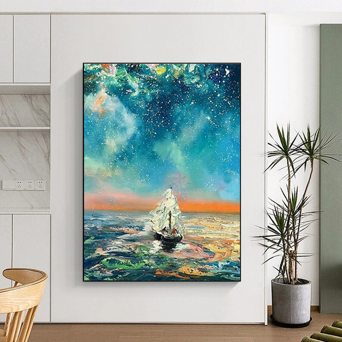 Starry Night Sailboat Oil Painting for Nautical - Themed Bar & Beach House Bedroom DLZ1056