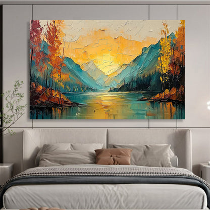 Textured Mountain & Lake Sunset Art for Adventure Lodge Communal Spaces DLZ3245