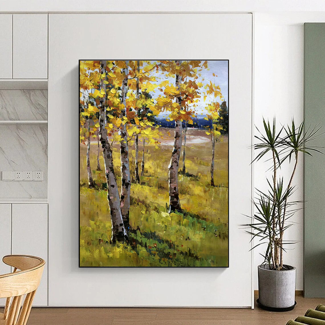 Golden Autumn Birch Forest Oil Painting for Country Cottage & Fall - Themed Café DLZ1291