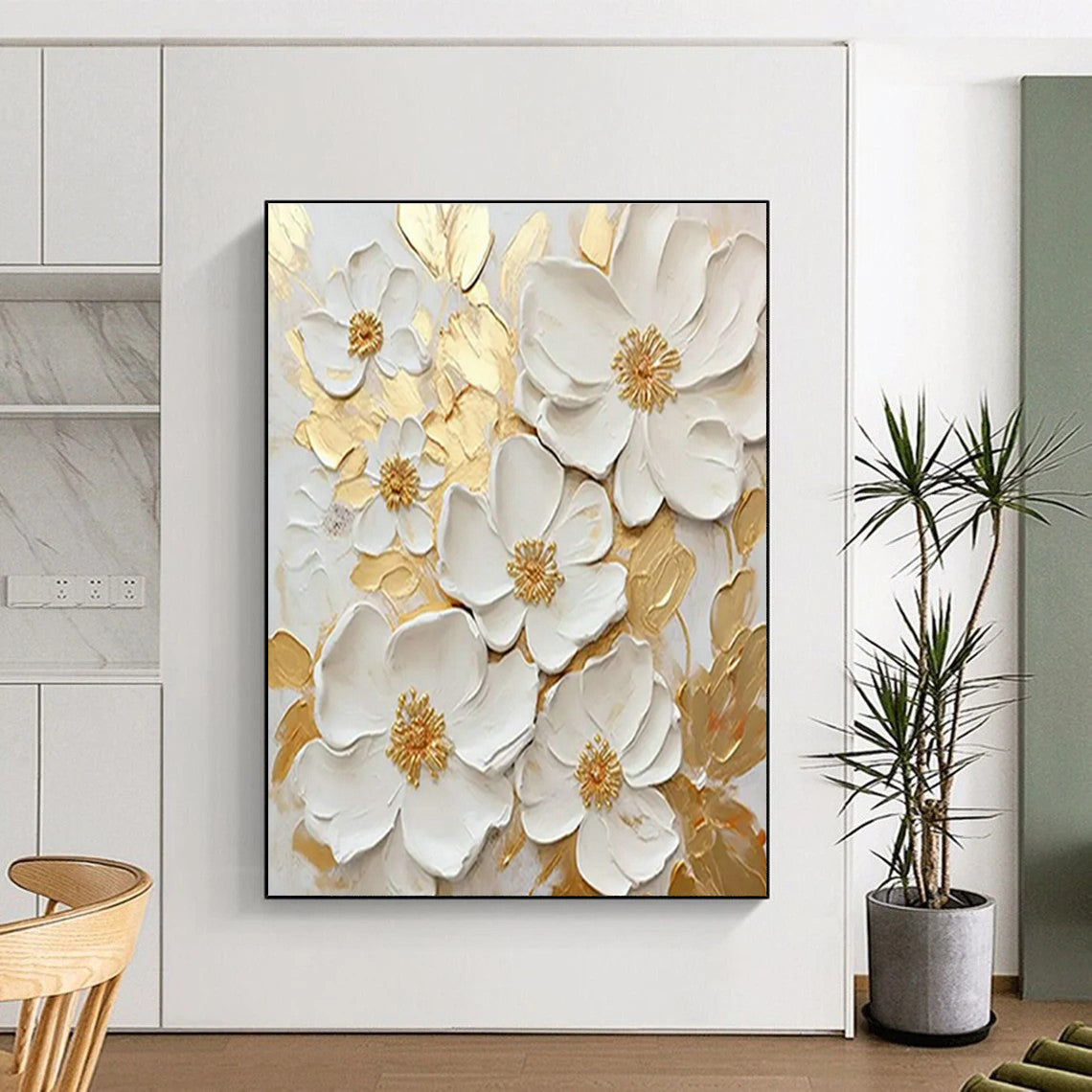 3D Floral Gold - White Art for Luxury Wedding Venue & Elegant Home Entryway DLZ1503