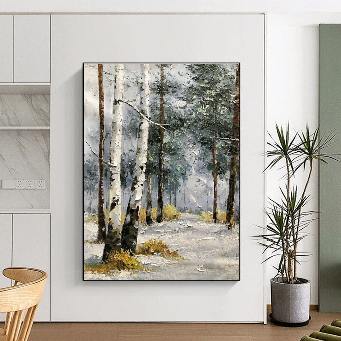 Snowy Birch Forest Oil Painting for Chalet Bedroom & Winter Retreat Lounge DLZ1290
