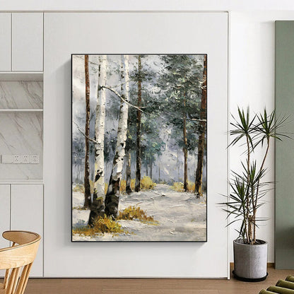 Snowy Birch Forest Oil Painting for Chalet Bedroom & Winter Retreat Lounge DLZ1290