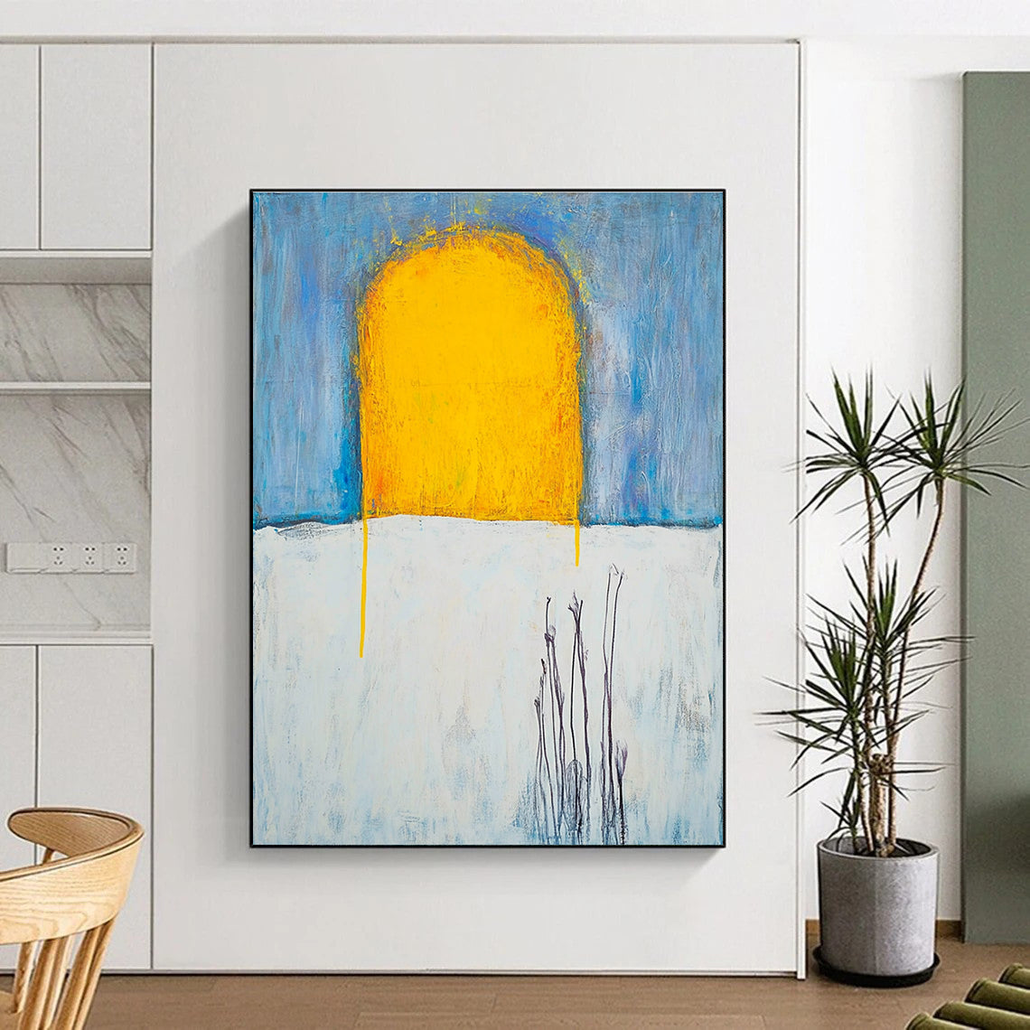 Yellow Sun on Blue and White for Modern Farmhouse Living Room & Art - Inspired Breakfast Nook STSC370
