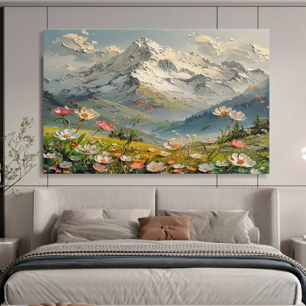 Snowy Mountain & Wildflower Field Art for Inspirational Home Office DLZ3058