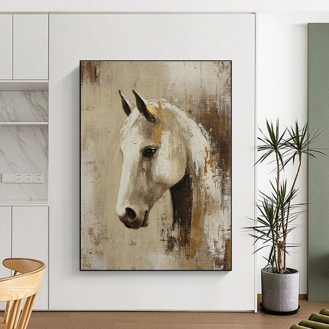 Elegant White Horse with Gold Accents Art for Equestrian Club Lounge & Sophisticated Living Room STSC143