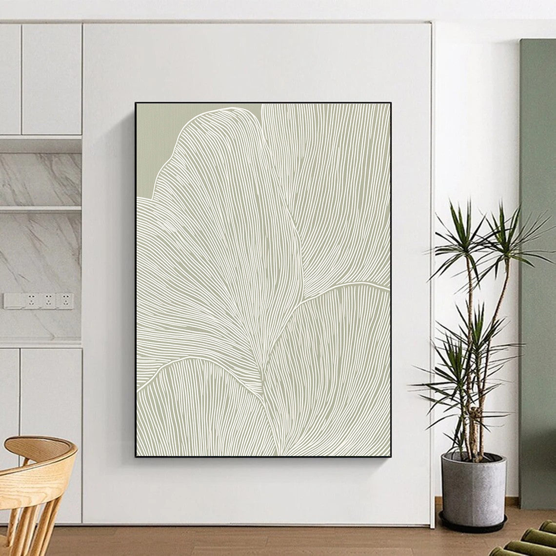 Line - Drawn Leaves on Green Minimalist Botanical Art for Scandinavian - Style Home & Calm Home Office STSC1483