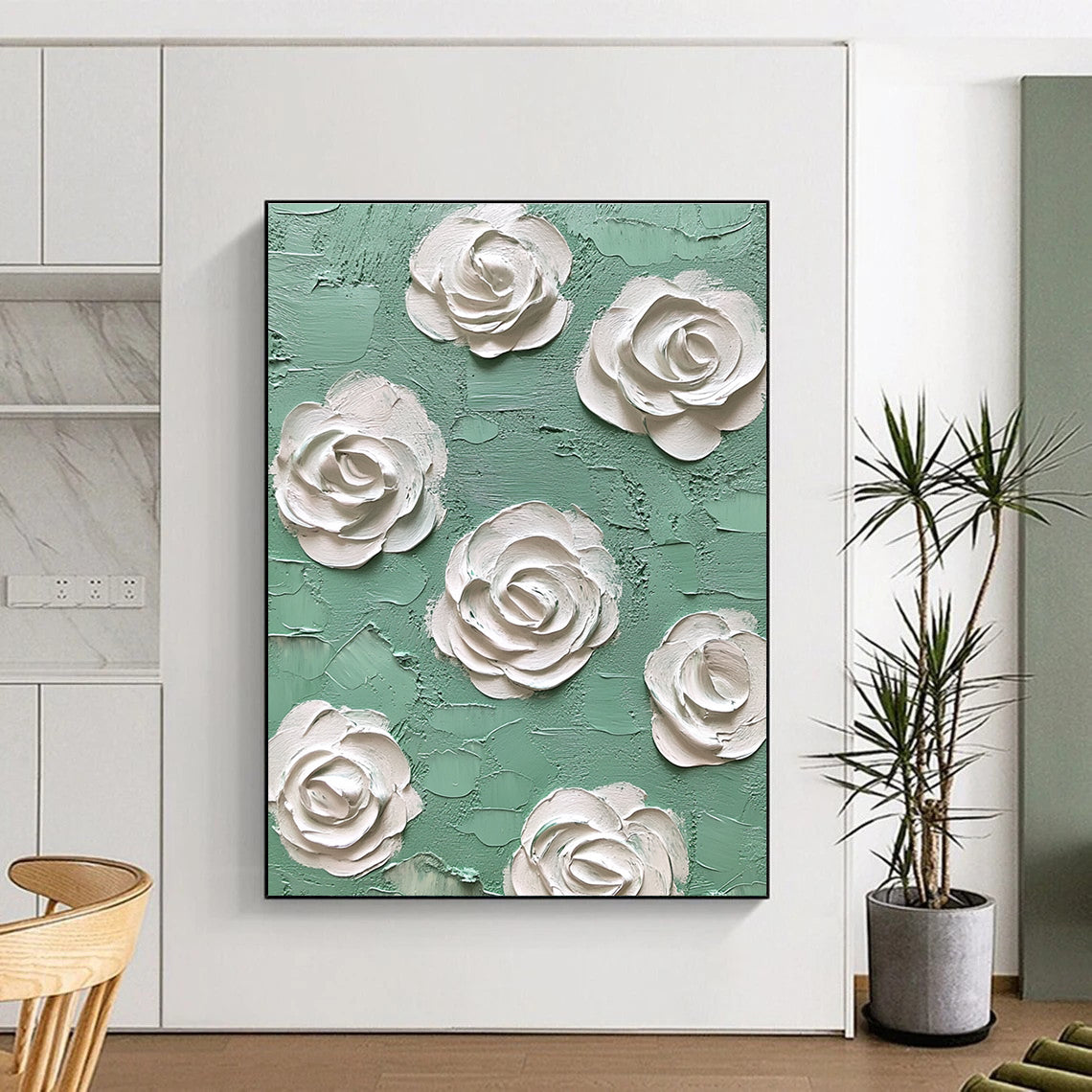 Textured White Roses on Green Art for Romantic Bedroom & Floral - Themed Café STSC1350