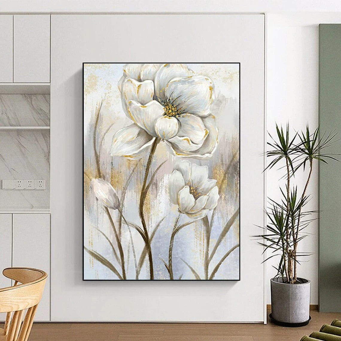 White Flower with Gold Art for Elegant Home Dining Room & Wedding Venue Decor DLZ1536