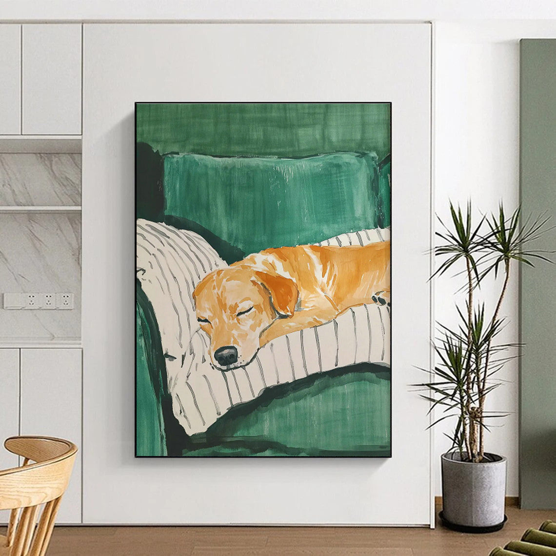 Dog Sleeping on Green Sofa Art for Pet - Friendly Home & Vet Clinic Waiting Room DLZ0688