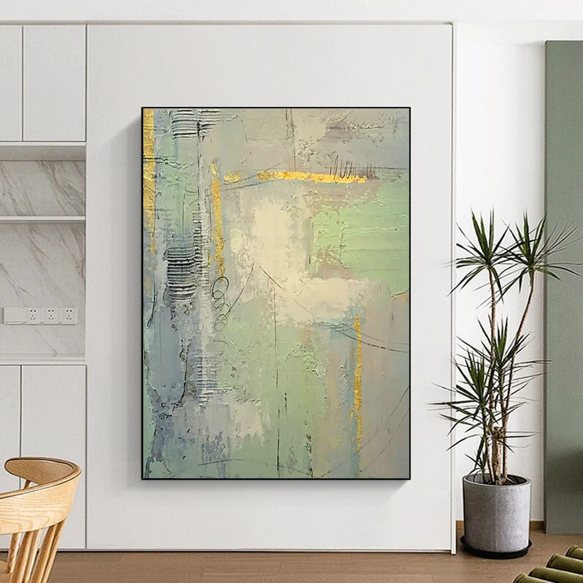 Light Green Abstract Art with Gold Patterns for Sunroom & Cafe DLZ0566