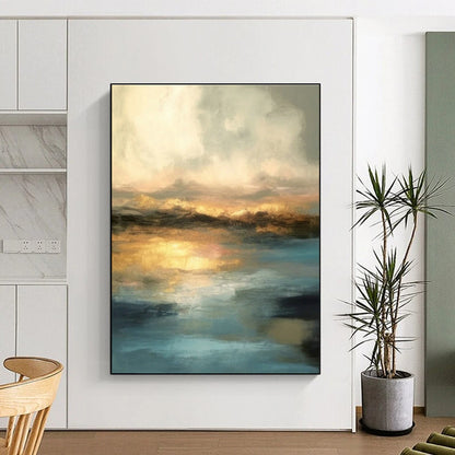 Gold - Blue Water Reflection Abstract Art for Living Room & Bedroom DLZ0446