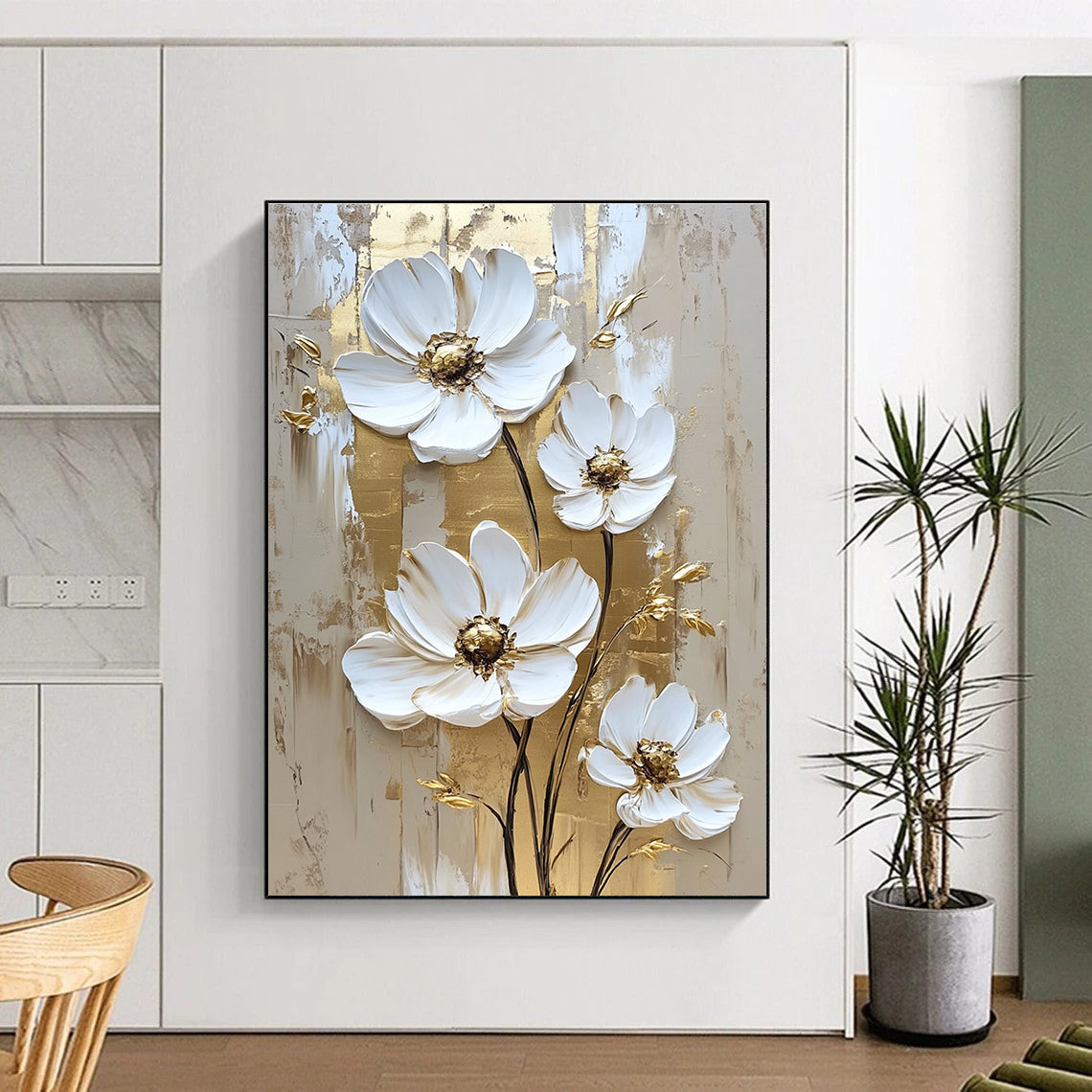 Gold - Accented White Flowers for Opulent Bedroom & Luxury Hotel Suite STSC510