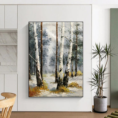Birch Forest in Snow Oil Painting for Nordic - Style Home & Ski Resort Lobby DLZ1283