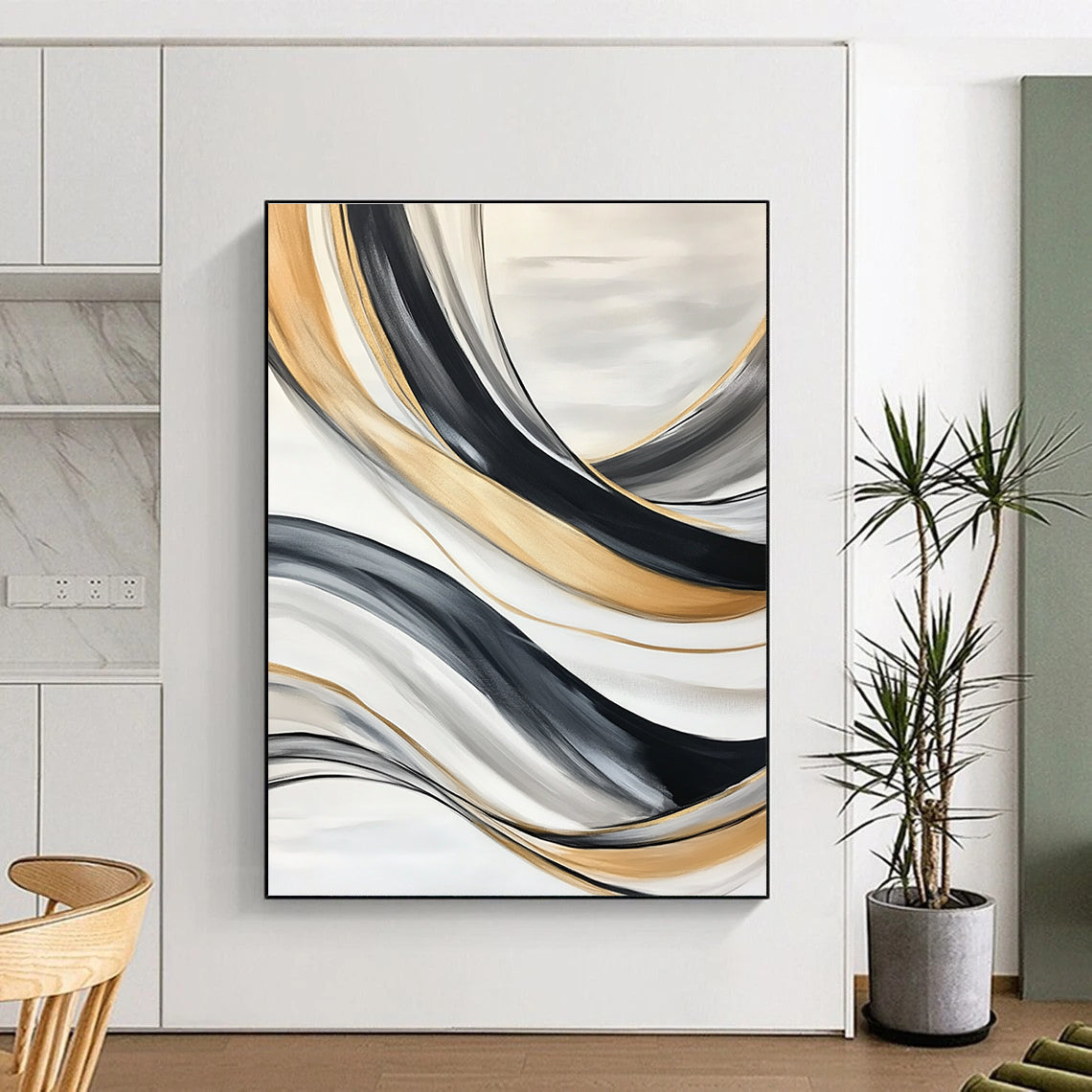 Flowing Gold & Black Abstract Art for Living Room & Luxury Spa STSC739