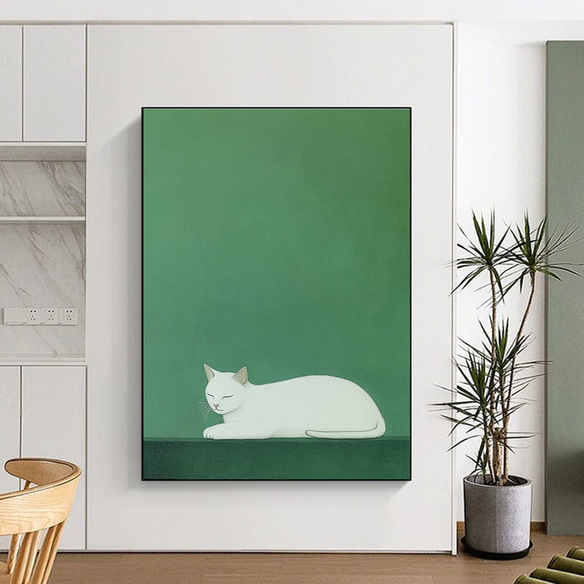 Sleeping White Cat Minimalist Pet Art for Scandinavian - Style Home & Calm Home Library STSC1473