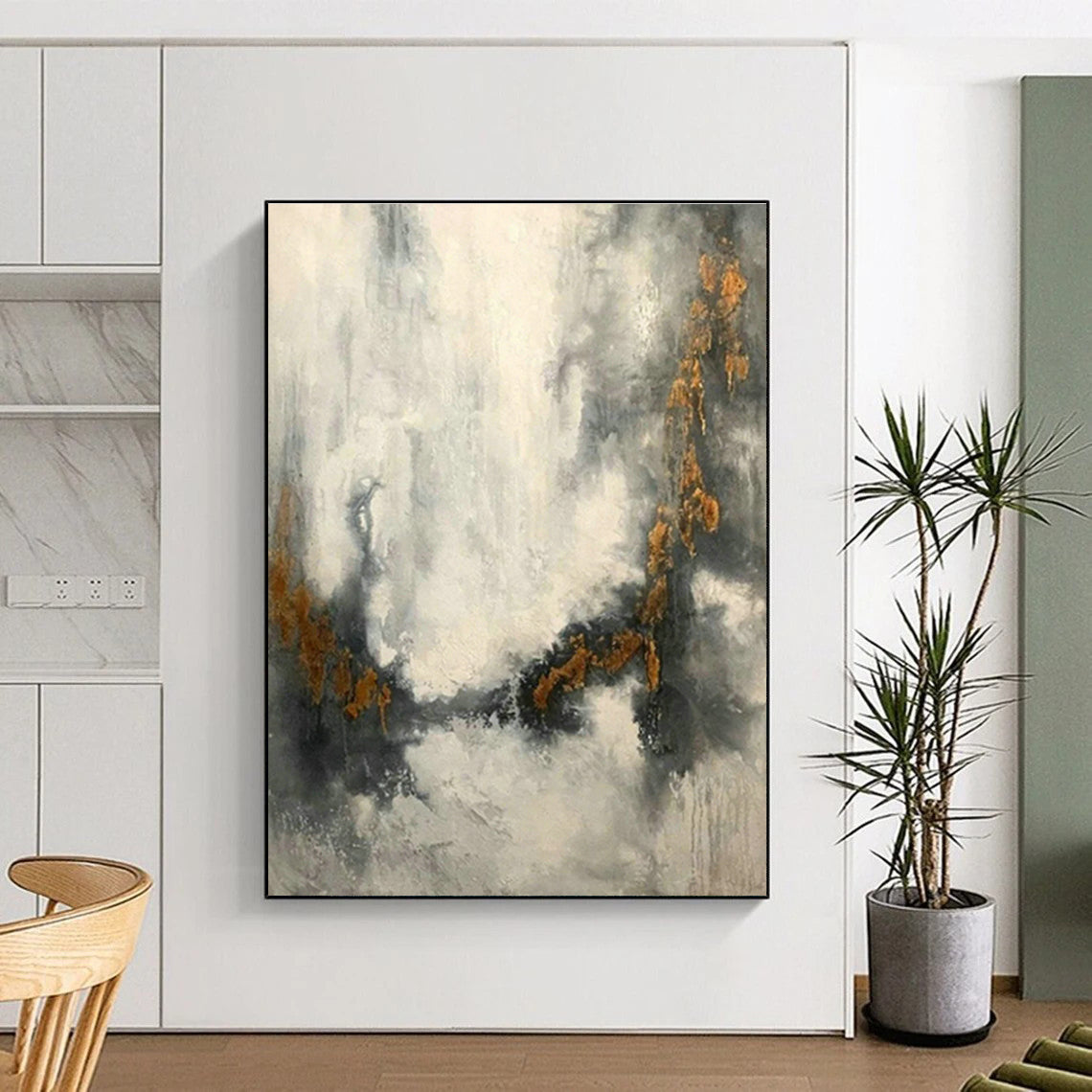 Grey - Gold Waterfall Abstract Art for Living Room & Study DLZ0538