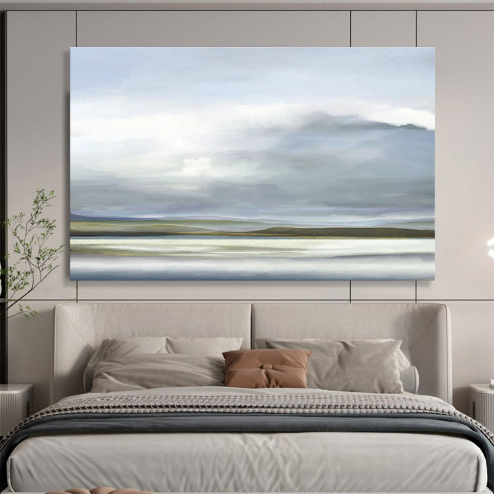 Grey - Blue Lakeside Painting for Serene Living Room DLZ2744