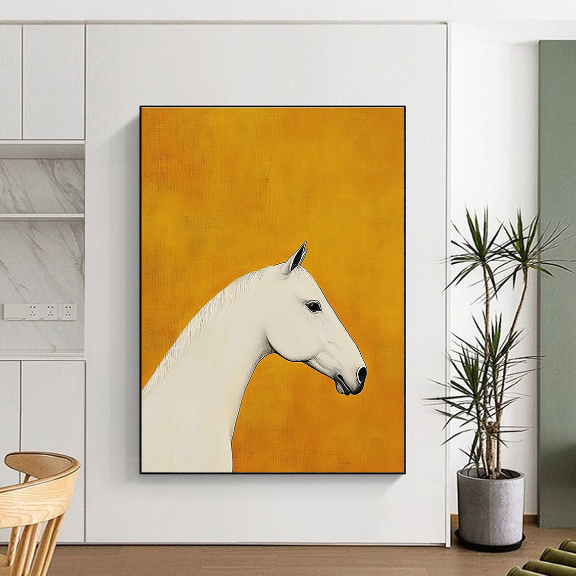 White Horse on Orange Art for Equestrian Home & Modern Art Gallery STSC1090