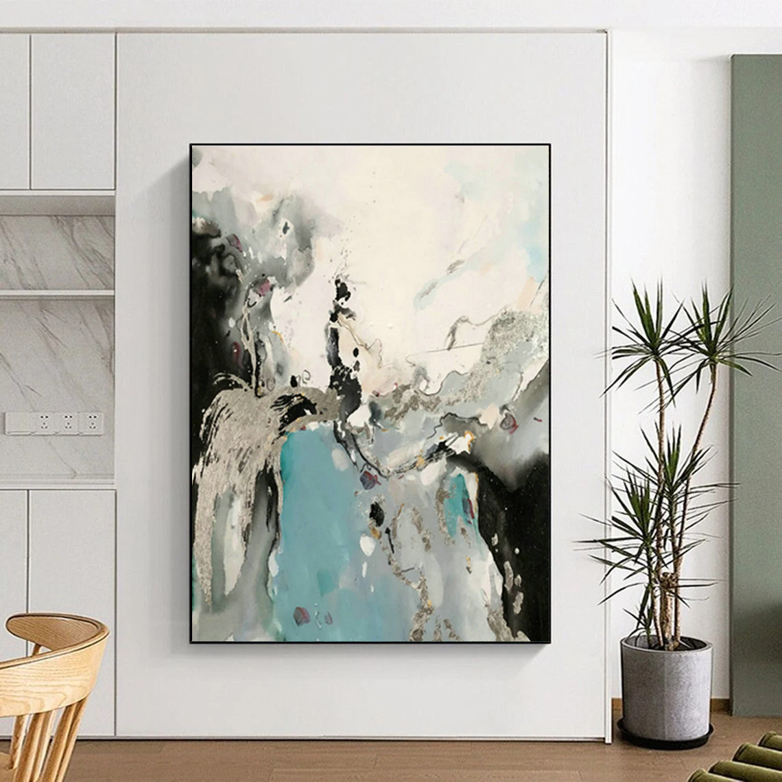 Silver - Blue Ink Abstract Art for Living Room & Home Office DLZ0555