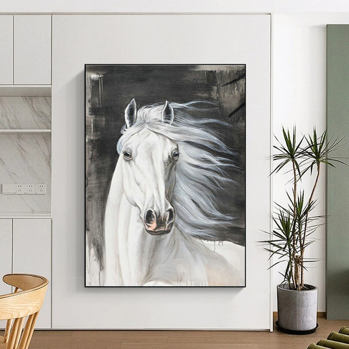 White Horse Portrait Art for Equestrian Clubhouse & Traditional Home Library DLZ2229